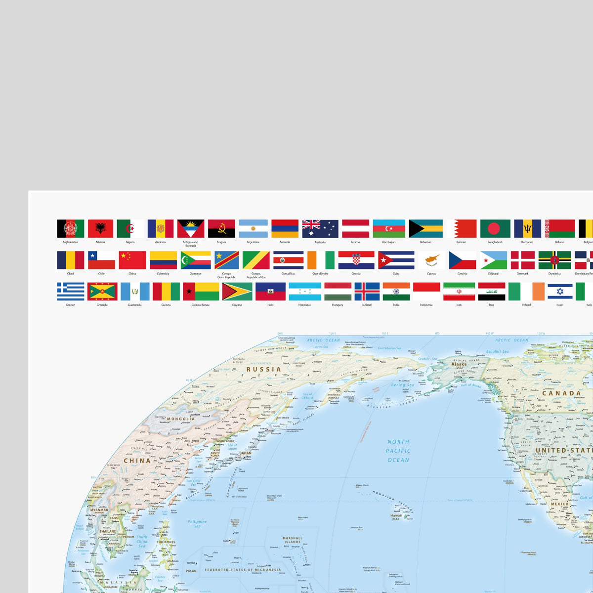 Weltkarte politisch | Meridian 90 Grad West Amerika | Equal-Earth-Projektion