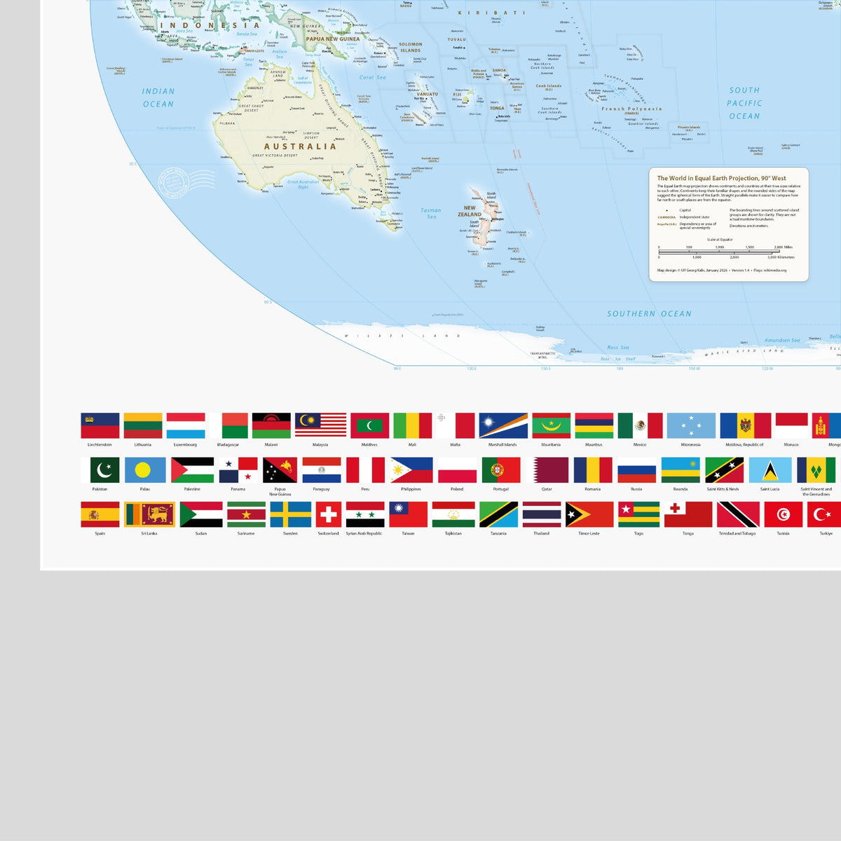 Weltkarte politisch | Meridian 90 Grad West Amerika | Equal-Earth-Projektion