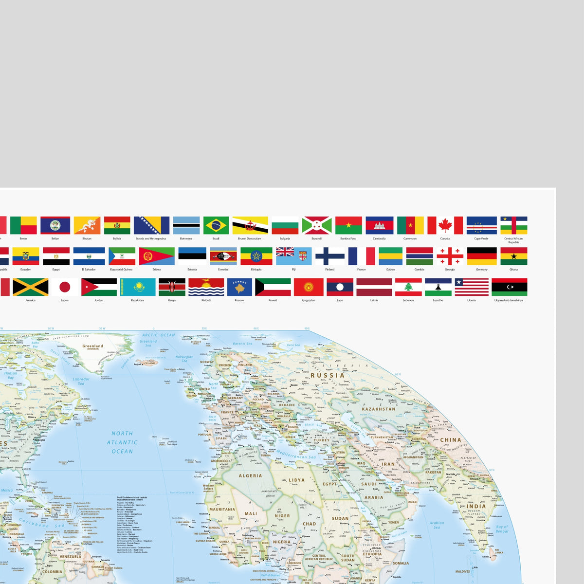 Weltkarte politisch | Meridian 90 Grad West Amerika | Equal-Earth-Projektion