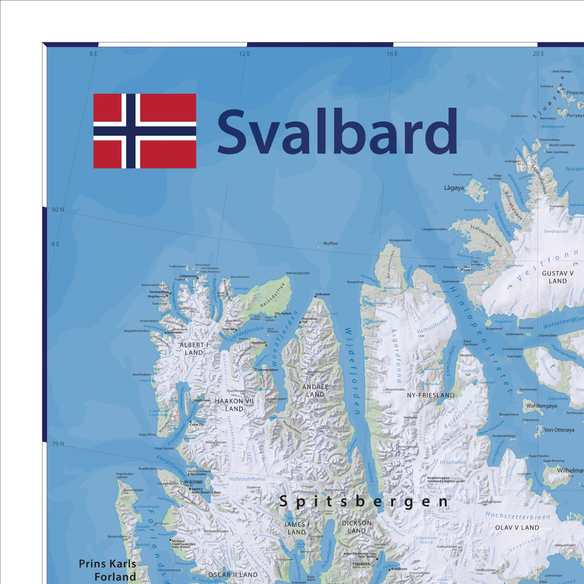Svalbard-Karte | Spitzbergen Wandkarte mit Longyearbyen