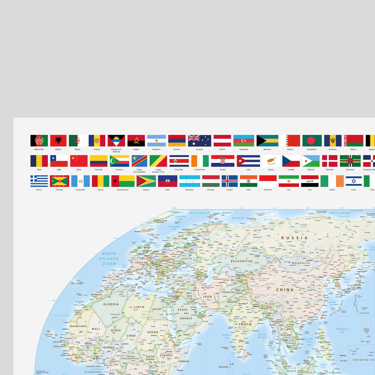 Weltkarte politisch | Meridian 150 Grad Ost | Australien | Ost-Asien | Sydney | Brisbane | Equal-Earth-Projektion