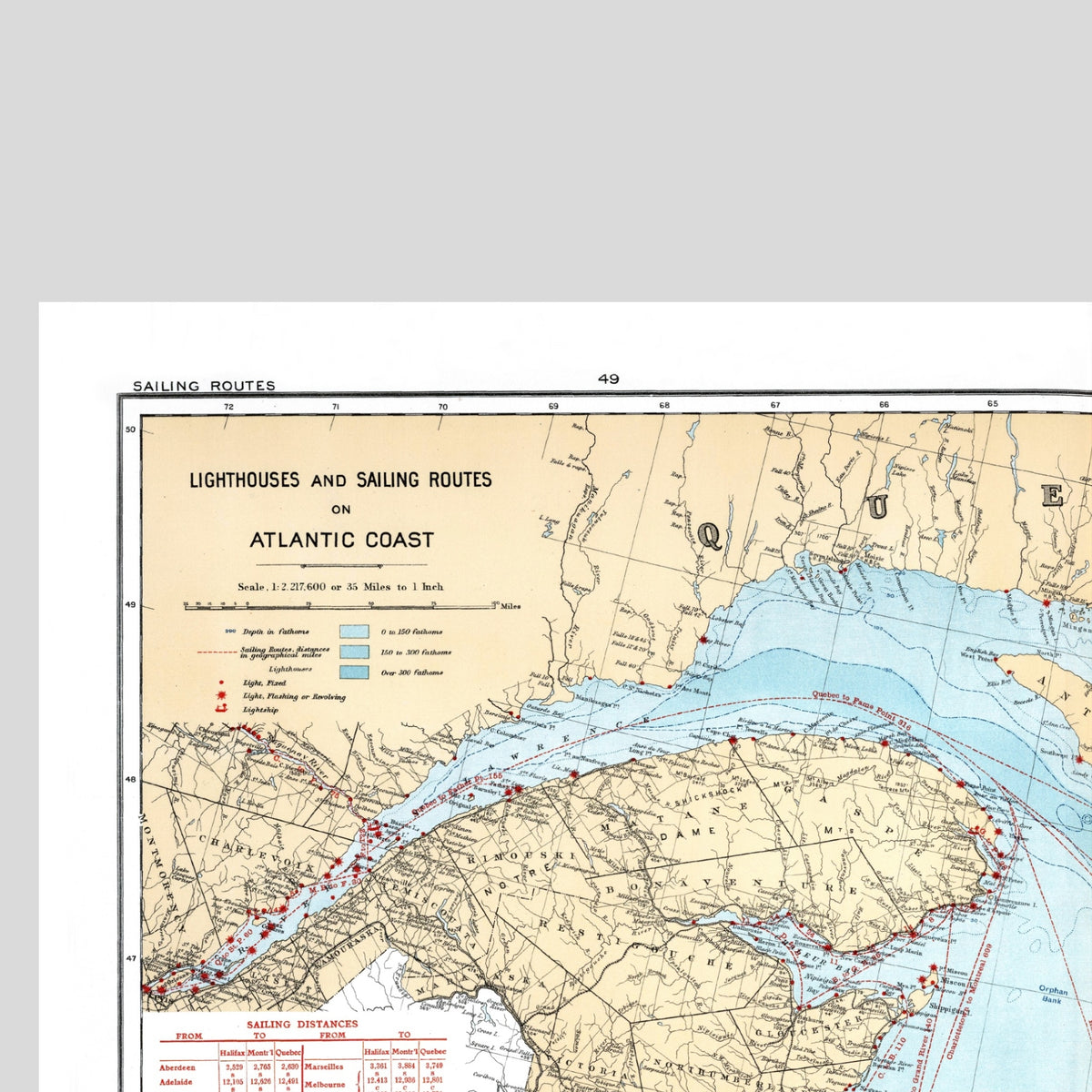 Atlantik | Leuchttürme | Segelrouten | Kanada | Vintage Map