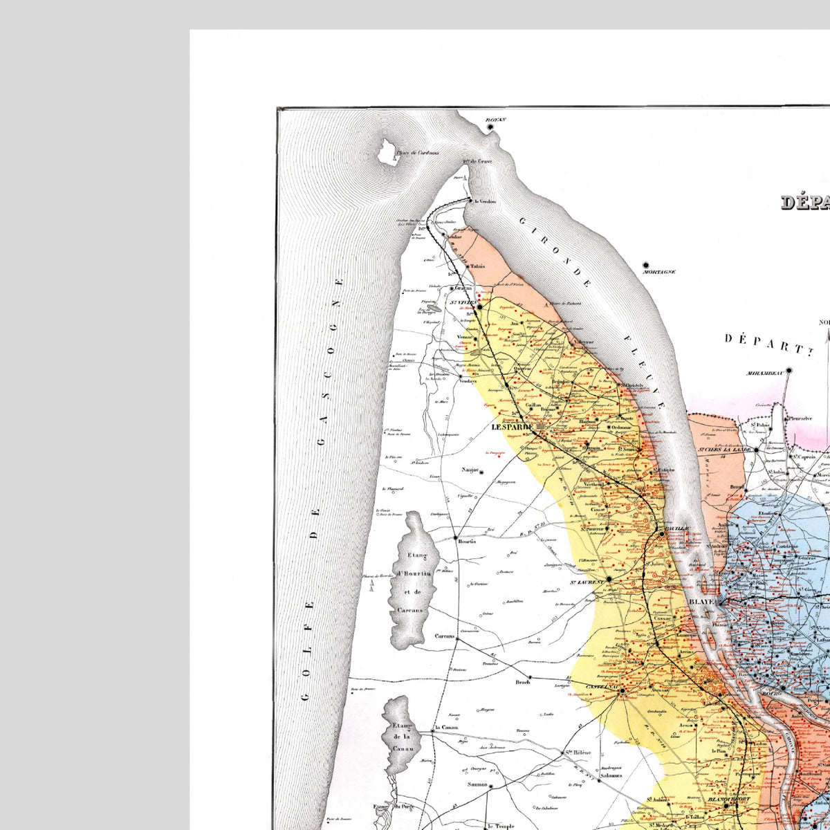 Bordeaux-Weinkarte 1876 | Gironde Vintage-Landkarte | Weingüter