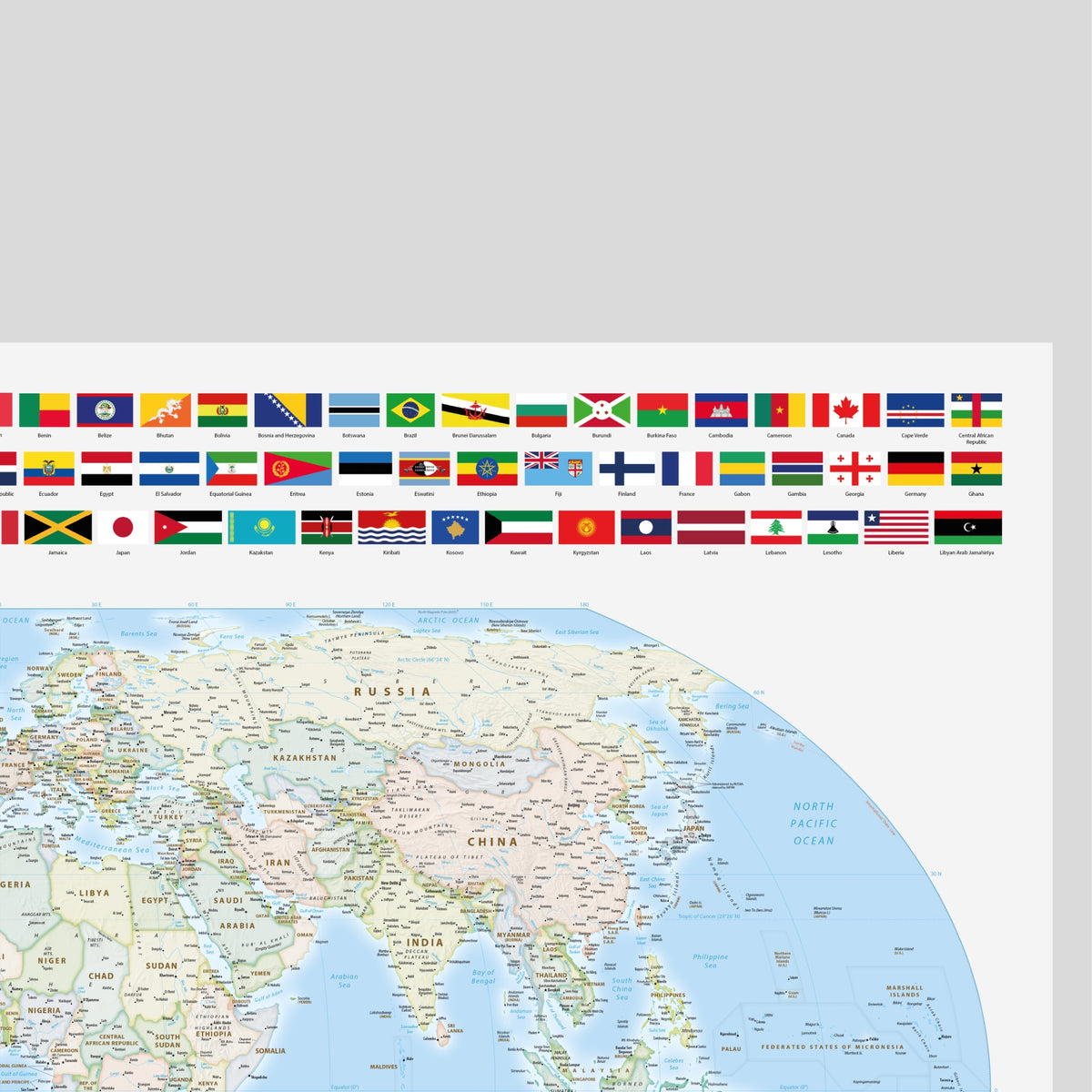 Weltkarte politisch | Meridian 0 Grad Greenwich |Equal-Earth-Projektion