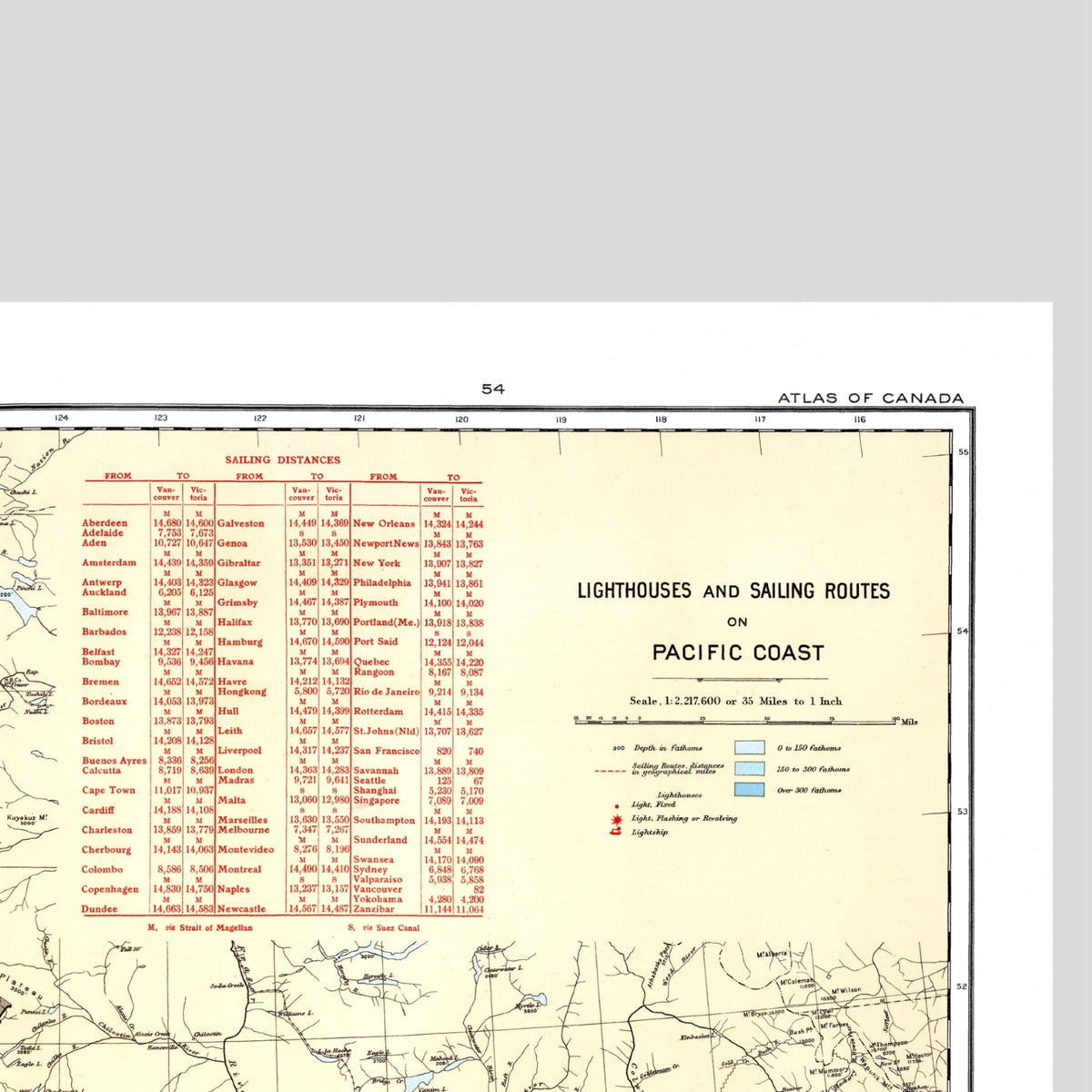 Pazifik | Leuchttürme | Segelrouten | Kanada | Vintage Map