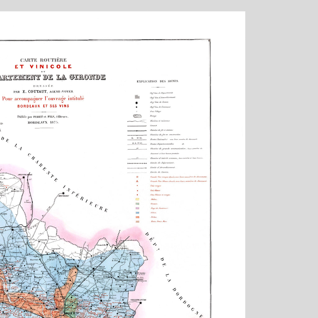 Bordeaux-Weinkarte 1876 | Gironde Vintage-Landkarte | Weingüter