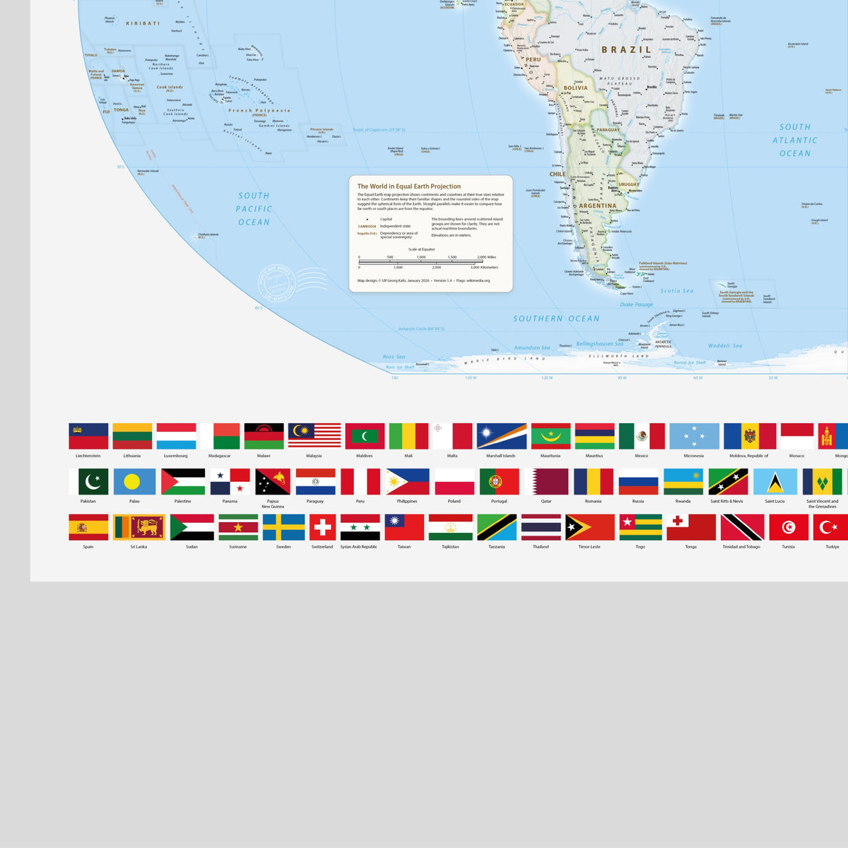Weltkarte politisch | Meridian 0 Grad Greenwich |Equal-Earth-Projektion