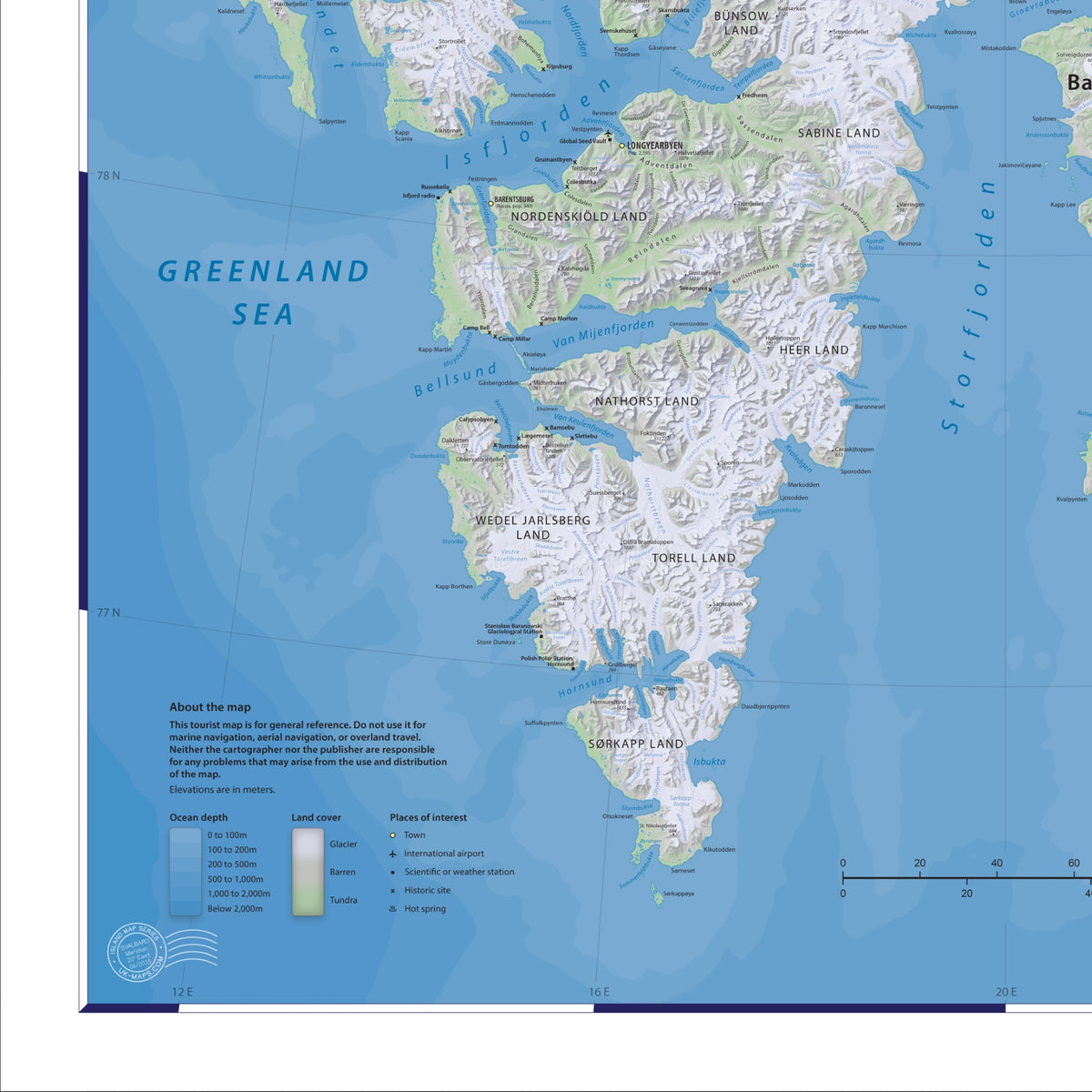 Svalbard-Karte | Spitzbergen Wandkarte mit Longyearbyen