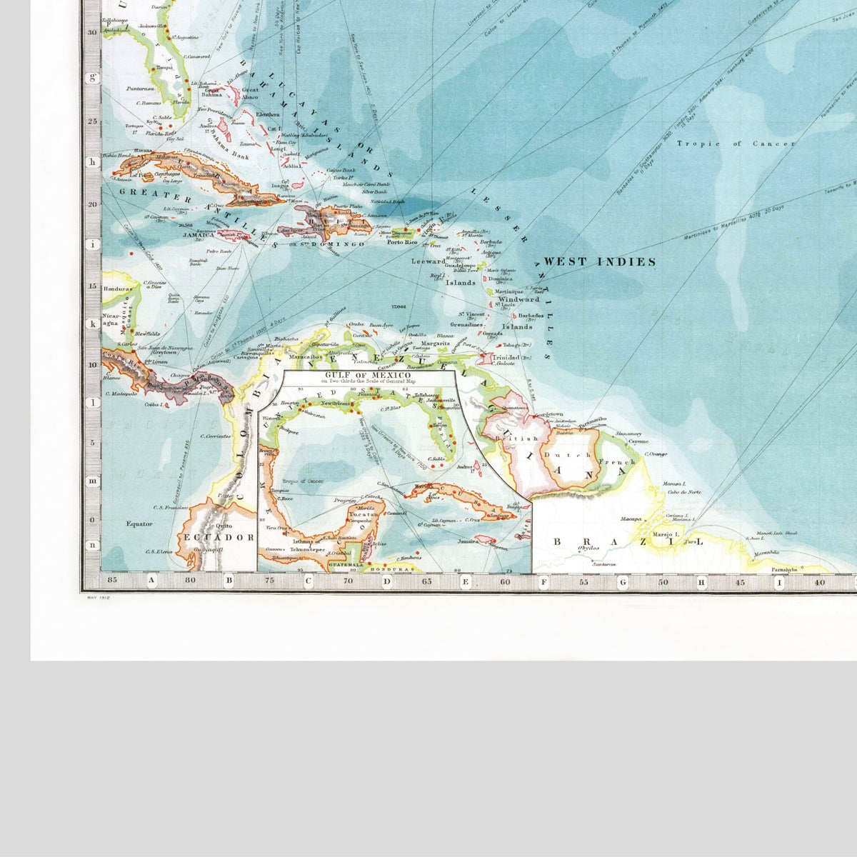 Nord-Atlantik | 1912 | Physische Karte mit Tiefseekonturen
