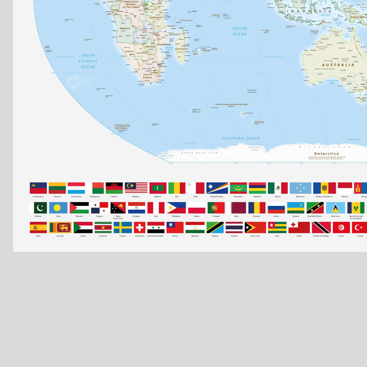 Weltkarte politisch | Meridian 150 Grad Ost | Australien | Ost-Asien | Sydney | Brisbane | Equal-Earth-Projektion