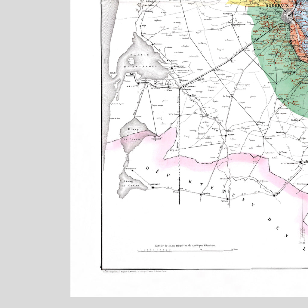Bordeaux-Weinkarte 1876 | Gironde Vintage-Landkarte | Weingüter