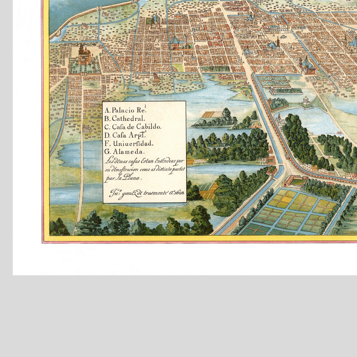 Mexico-City | Panorama-Karte | 1628 | Stadtplan | Vintage Map