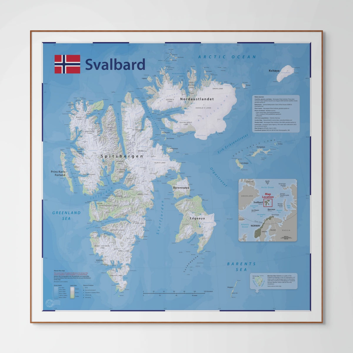 Svalbard-Karte | Spitzbergen Wandkarte mit Longyearbyen