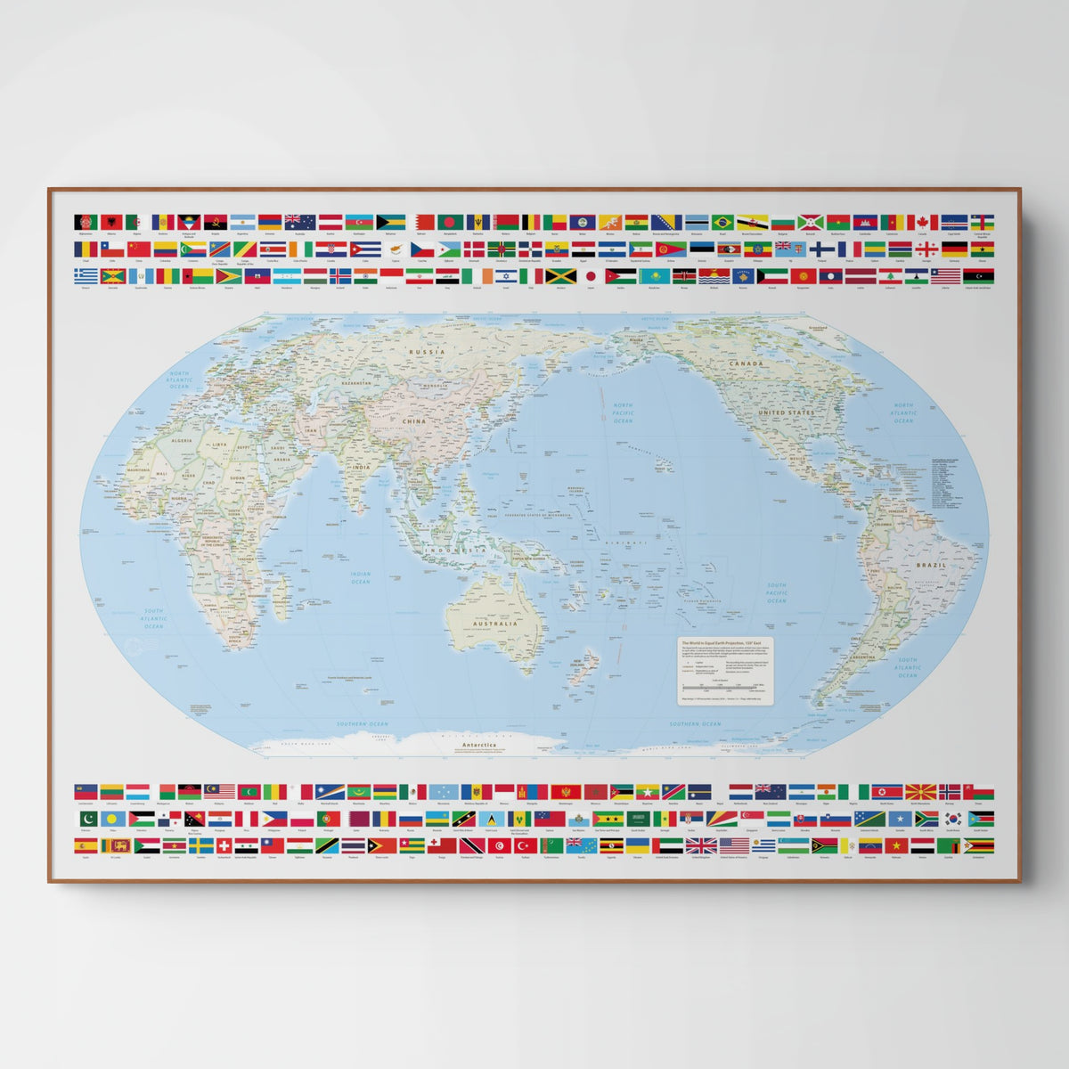 Weltkarte politisch | Meridian 150 Grad Ost | Australien | Ost-Asien | Sydney | Brisbane | Equal-Earth-Projektion