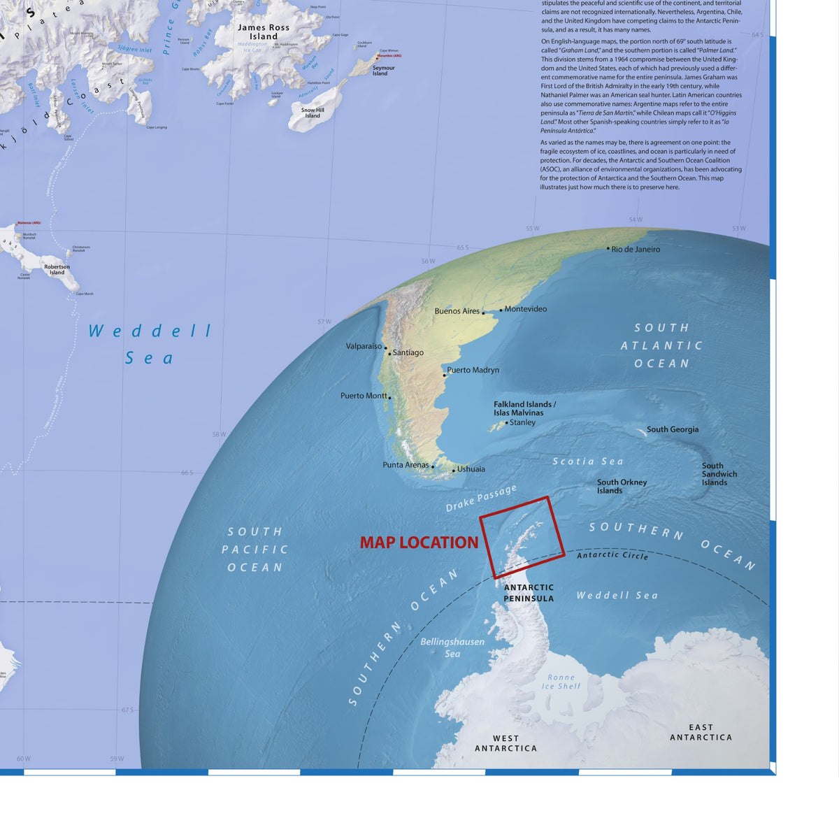 Mapa de la Antártida | Mapa mural físico de la península antártica