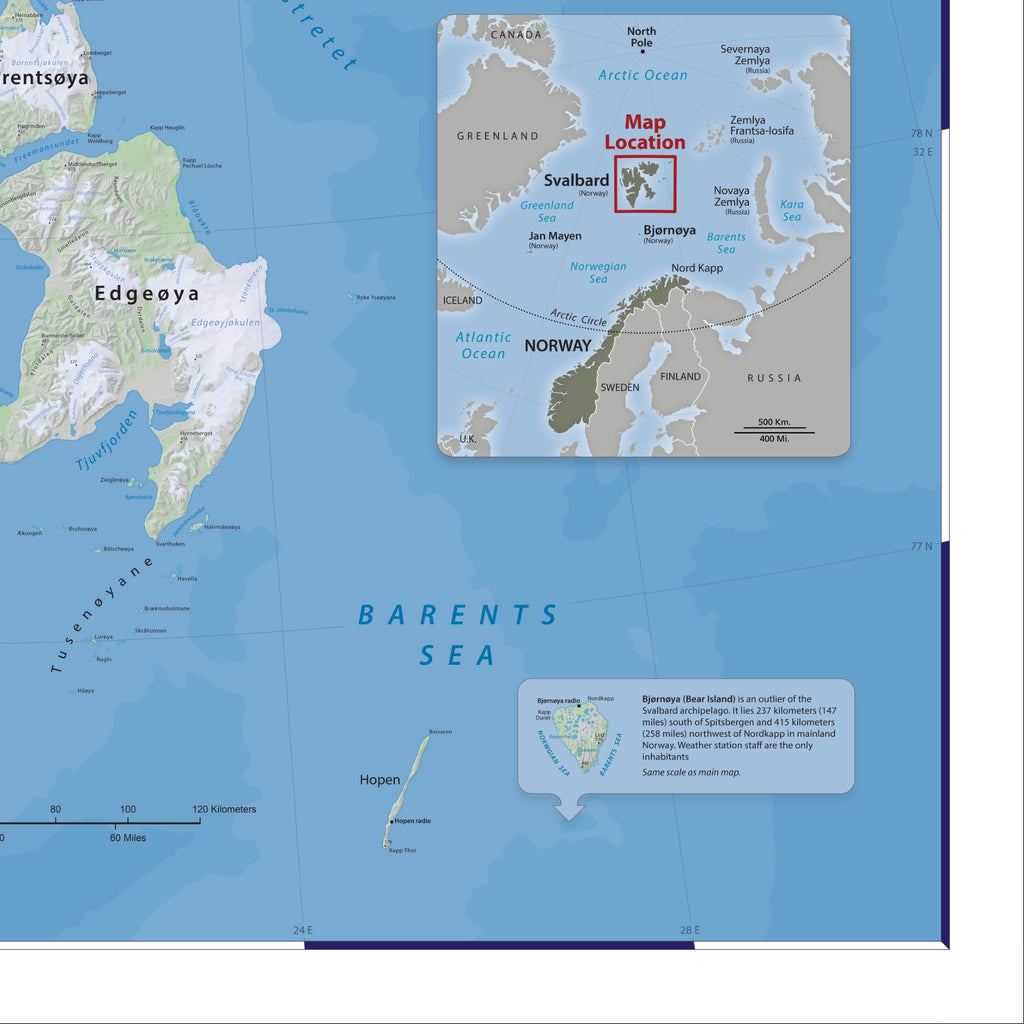 Svalbard-Karte | Spitzbergen Wandkarte mit Longyearbyen
