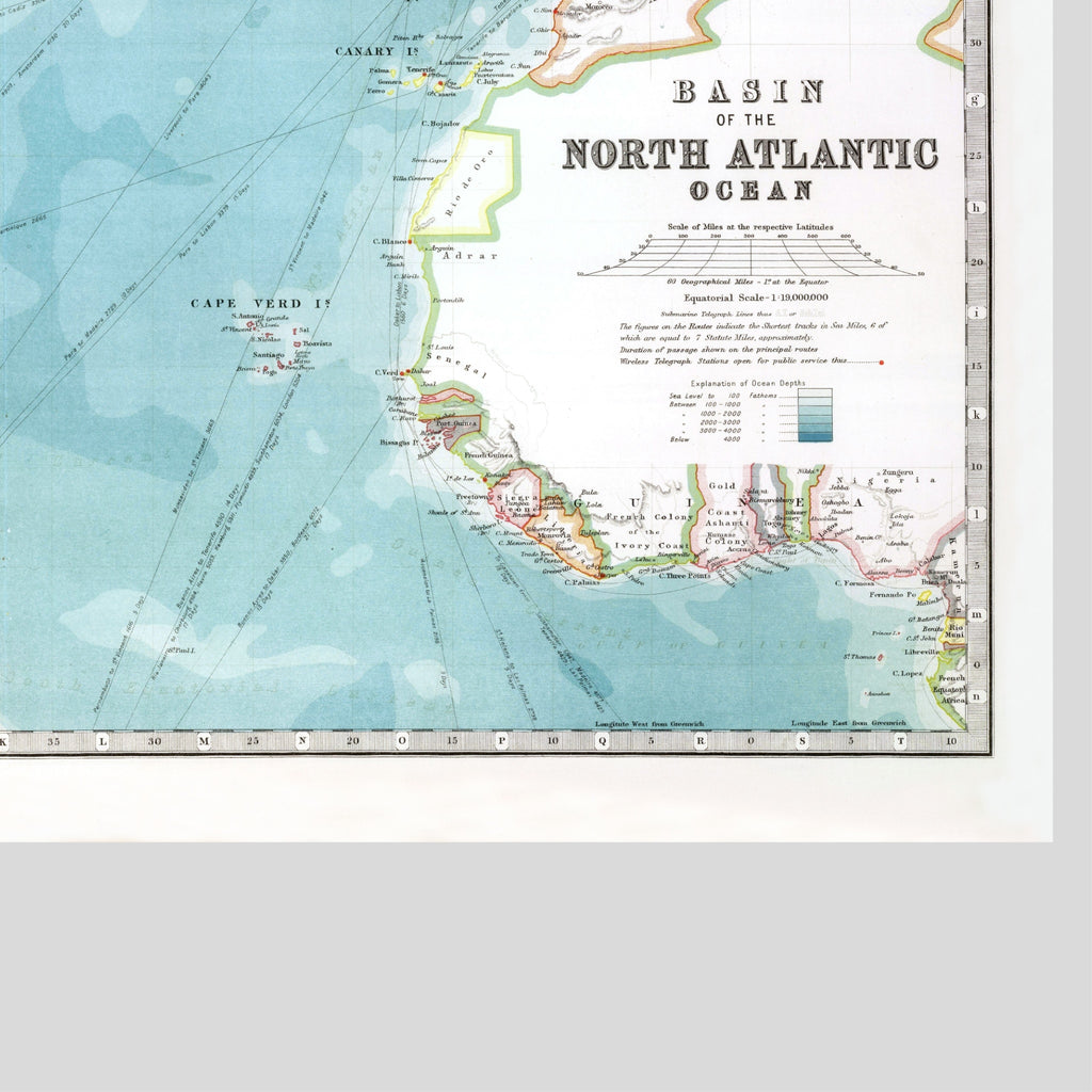 Nord-Atlantik | 1912 | Physische Karte mit Tiefseekonturen