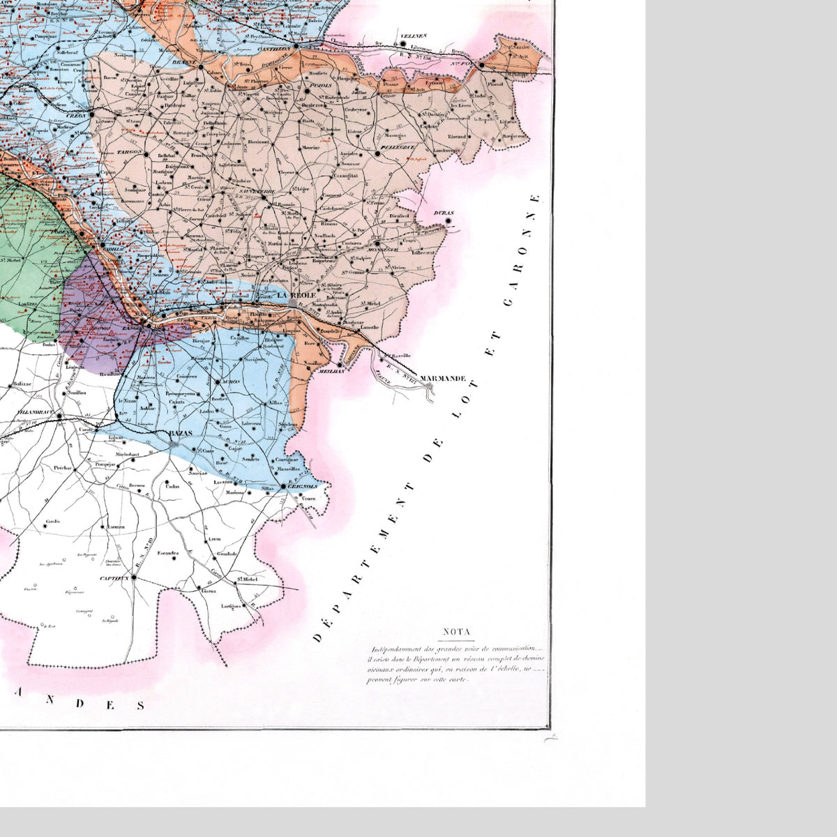 Bordeaux-Weinkarte 1876 | Gironde Vintage-Landkarte | Weingüter