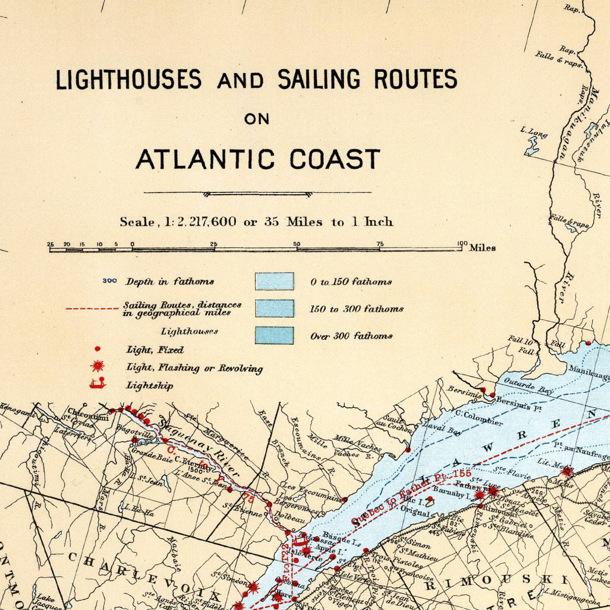Atlantik | Leuchttürme | Segelrouten | Kanada | Vintage Map