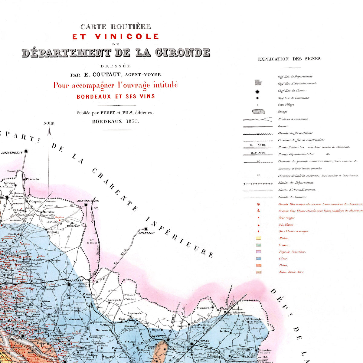 Bordeaux-Weinkarte 1876 | Gironde Vintage-Landkarte | Weingüter