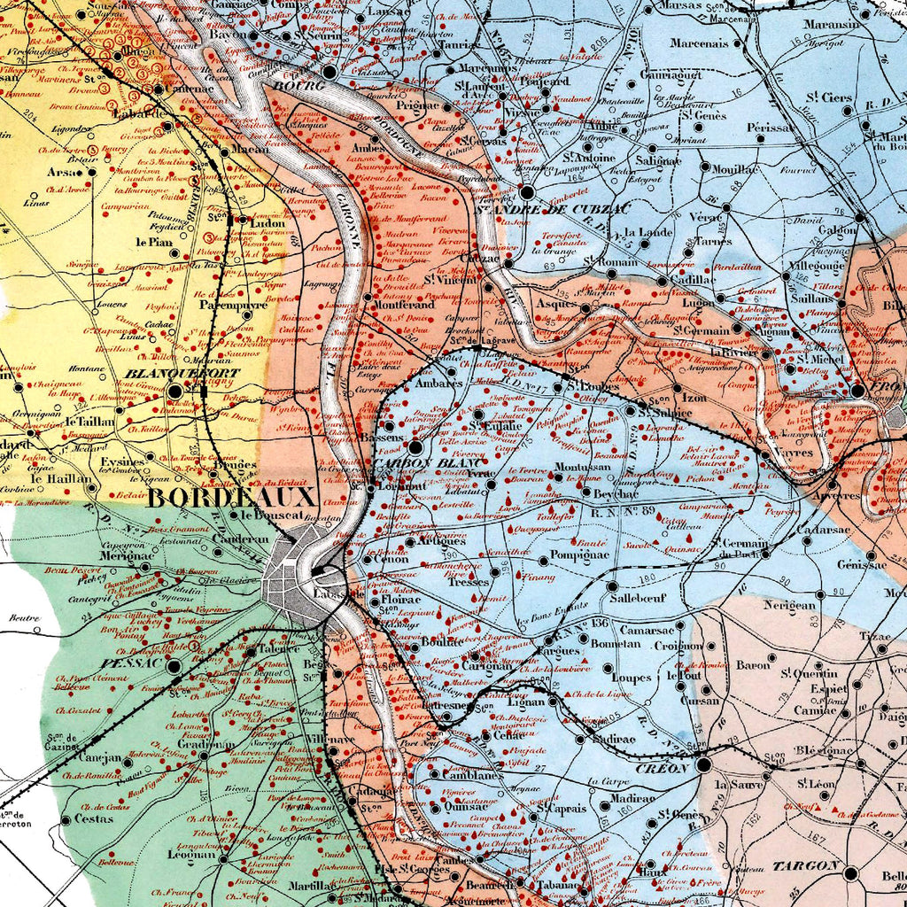 Bordeaux-Weinkarte 1876 | Gironde Vintage-Landkarte | Weingüter