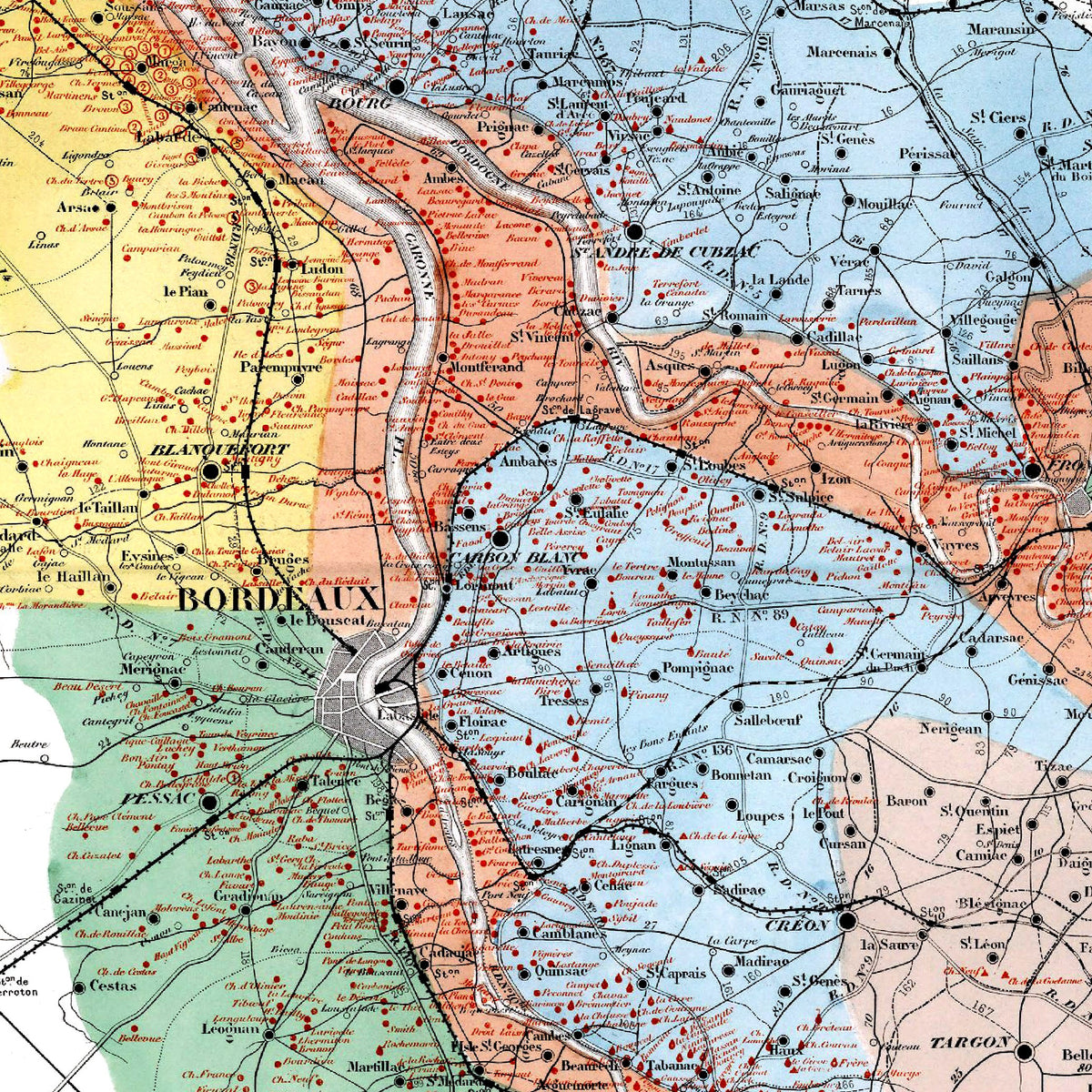 Bordeaux-Weinkarte 1876 | Gironde Vintage-Landkarte | Weingüter