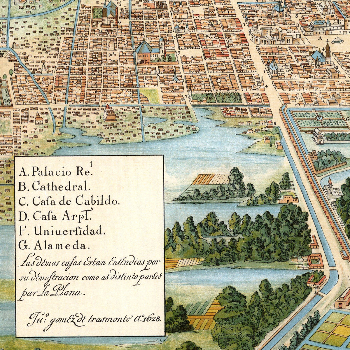 Mexico-City | Panorama-Karte | 1628 | Stadtplan | Vintage Map