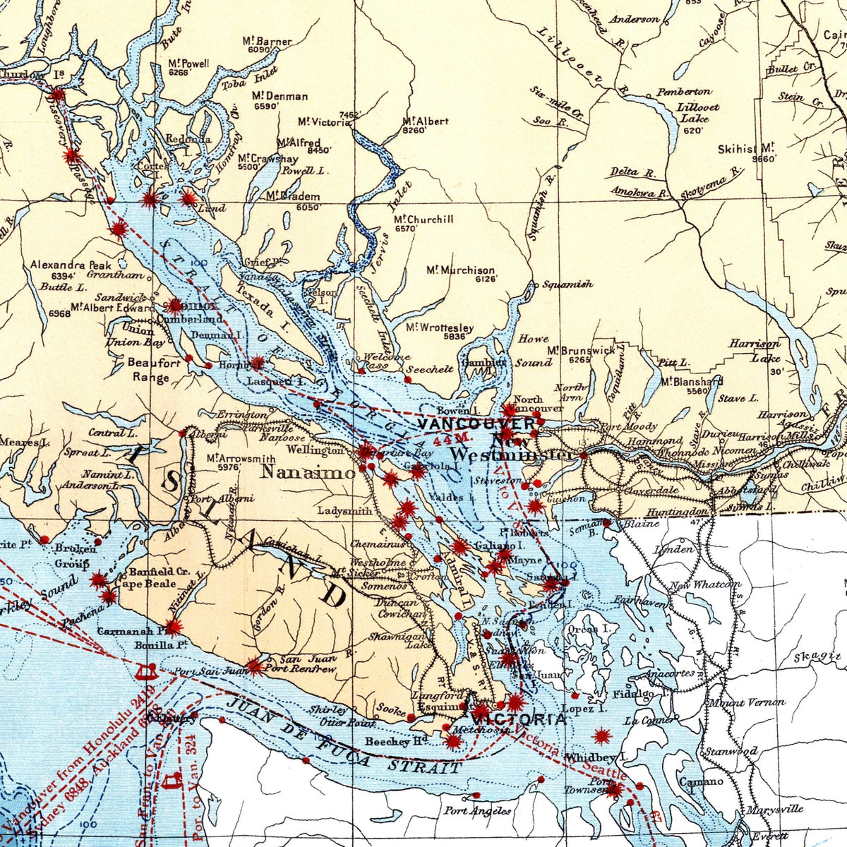 Pazifik | Leuchttürme | Segelrouten | Kanada | Vintage Map