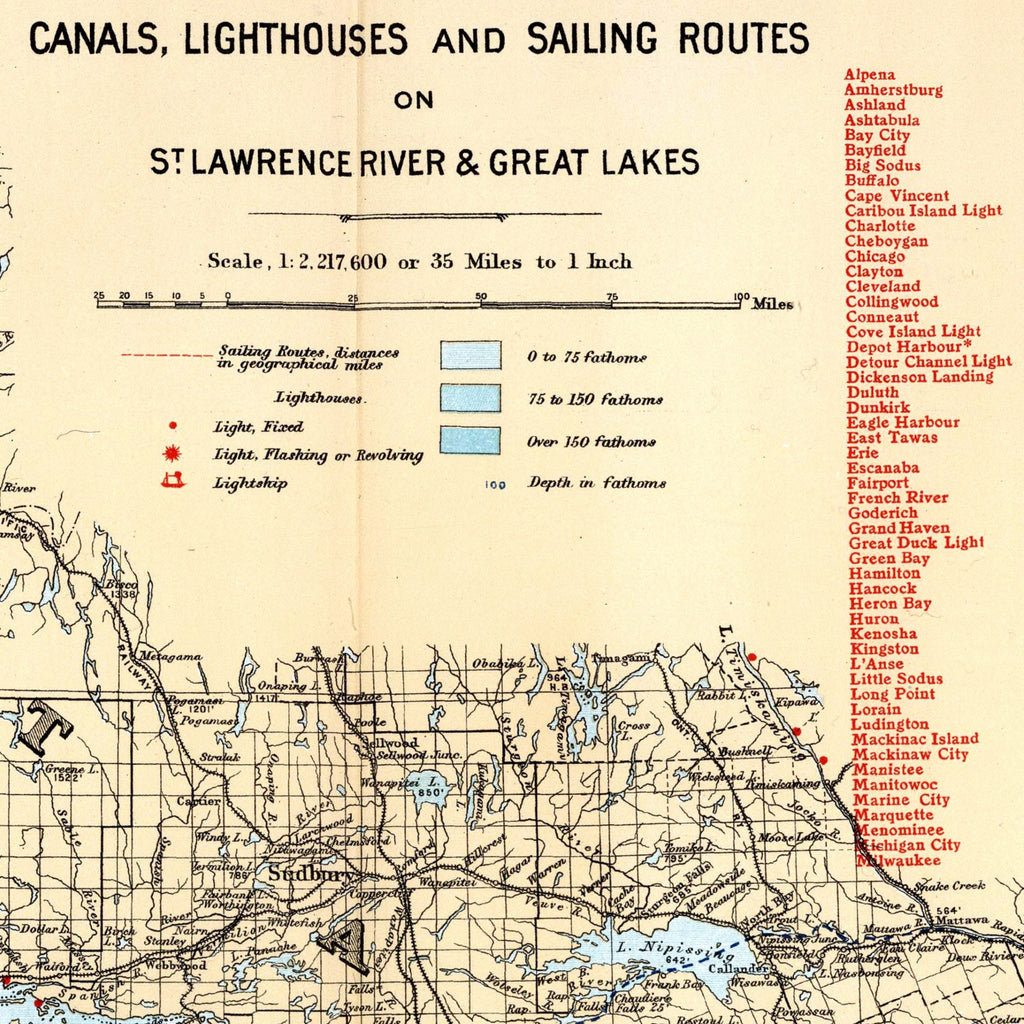 Sankt-Lorenz-Strom | Leuchttürme | Segelrouten | Kanada | Vintage Map