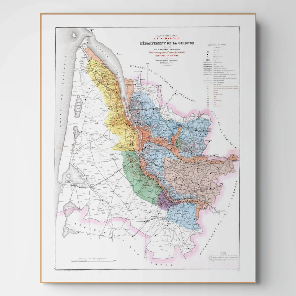 Bordeaux-Weinkarte 1876 | Gironde Vintage-Landkarte | Weingüter