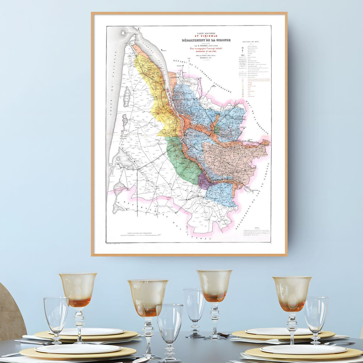 Bordeaux-Weinkarte 1876 | Gironde Vintage-Landkarte | Weingüter