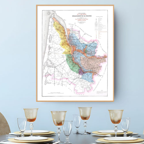 Bordeaux-Weinkarte 1876 | Gironde Vintage-Landkarte | Weingüter