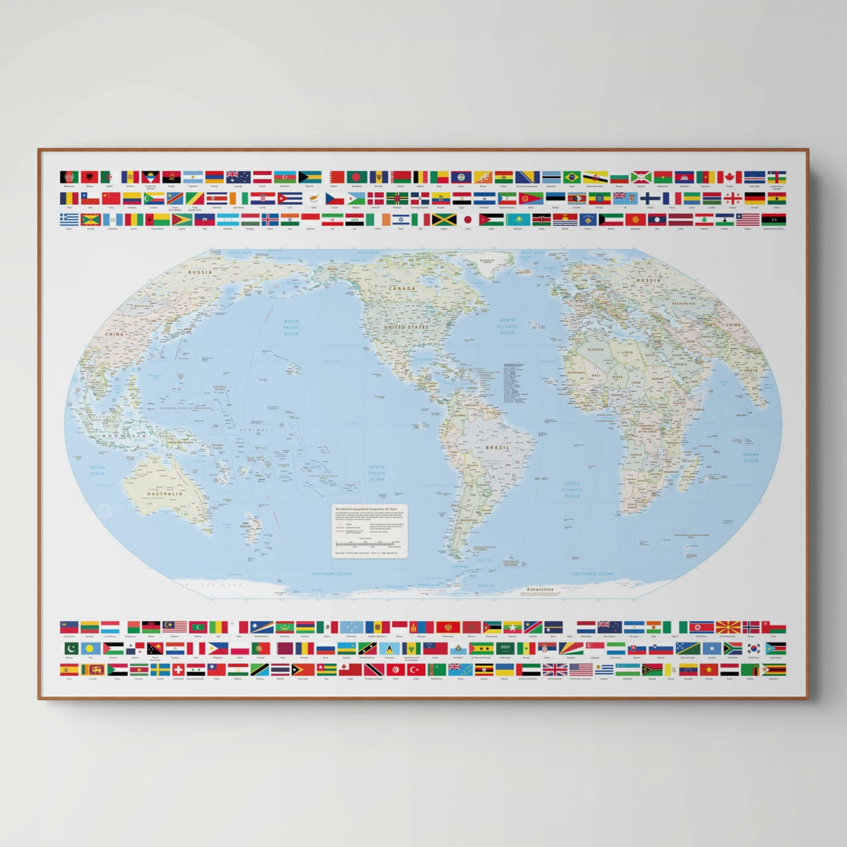 Weltkarte politisch | Meridian 90 Grad West Amerika | Equal-Earth-Projektion
